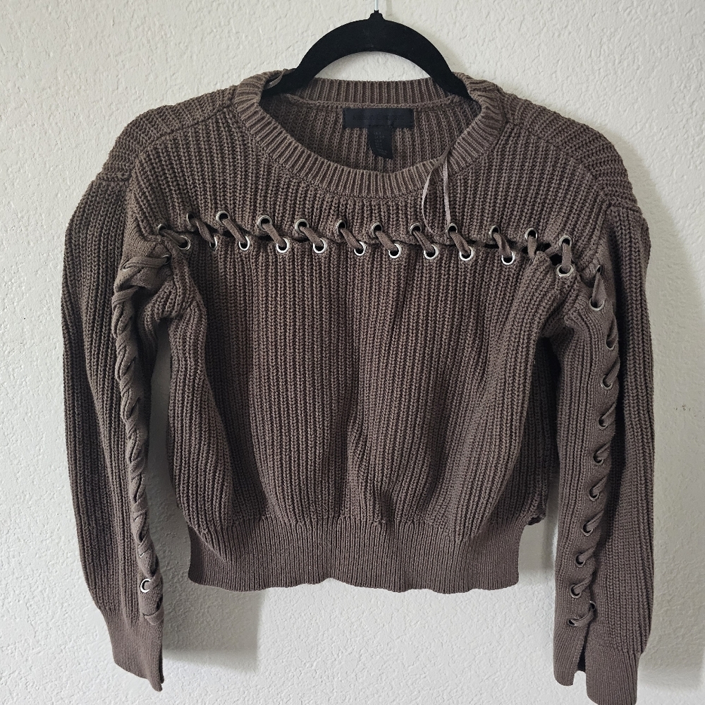 Maison Cinqcent Olive Green Lace Up Knit Sweater